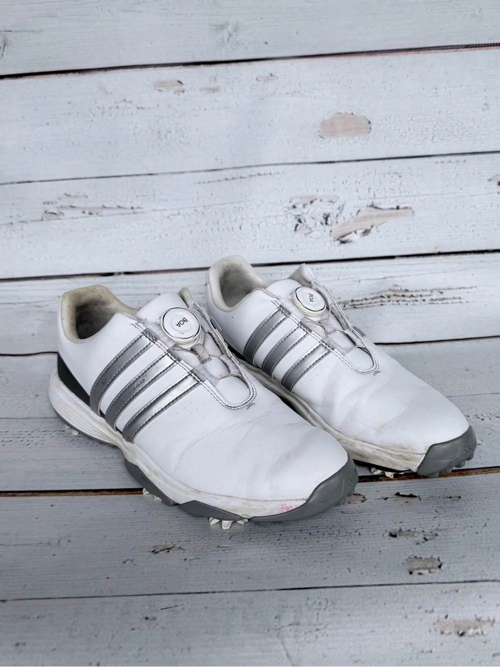 adidas Youth Tour360 24 BOA Spiked Golf Shoes White Silver - Size 7